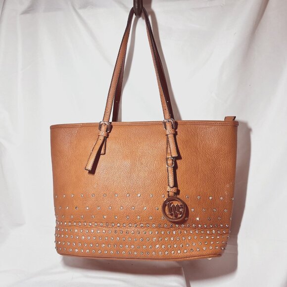 MC Embellished W/Diamonds Tote/Purse-Tiger Print inside-Camel/Tan-Large-Adjust. - Picture 1 of 16
